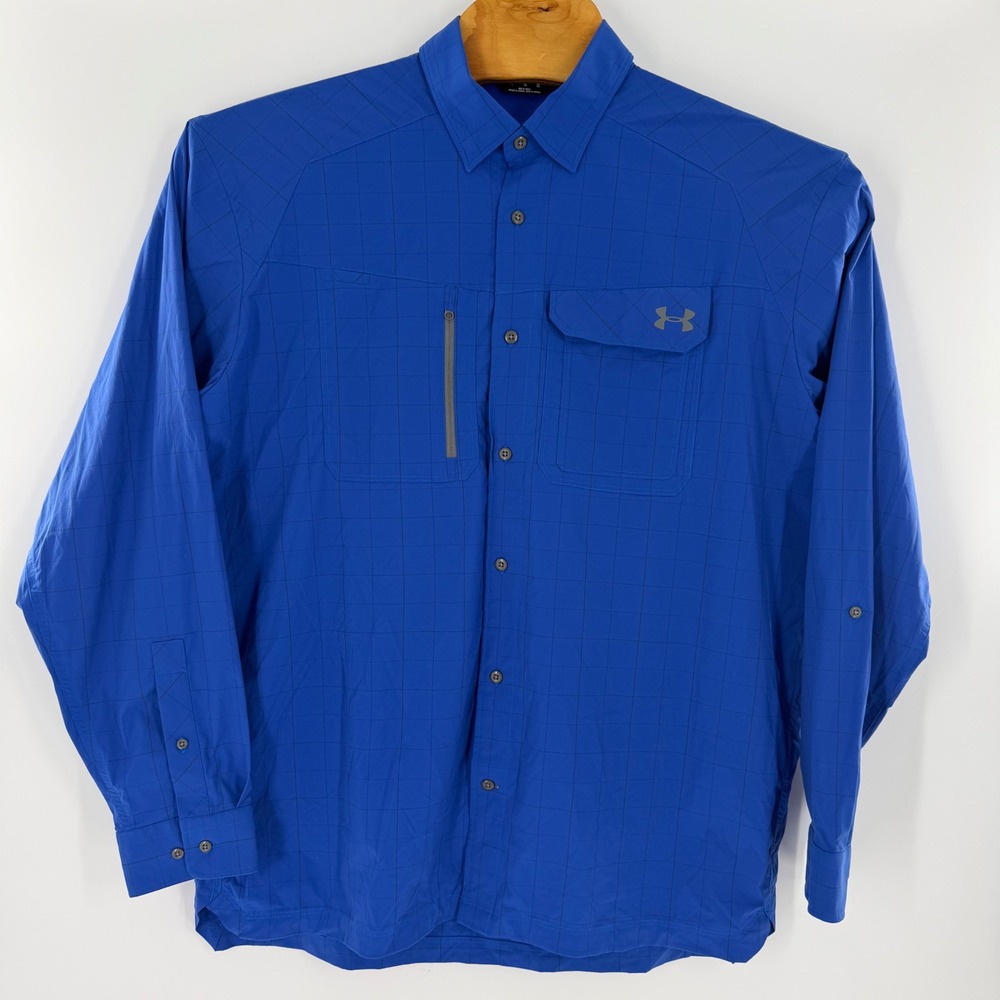 Under Armour Mens XL Blue Grid Long Sleeve Fishing Shirt Ventilated Performance